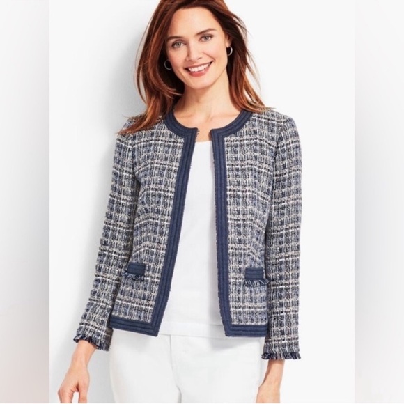 Talbots Tweed Crew Chambray trim Blazer Jacket Sz 16/XL Navy Blue White Fringe - Picture 2 of 16